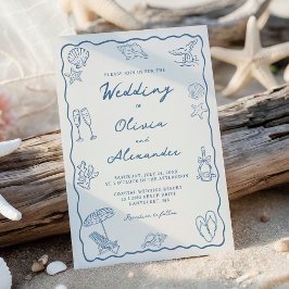 Whimsical handgetekende kuststrand bruiloft kaart