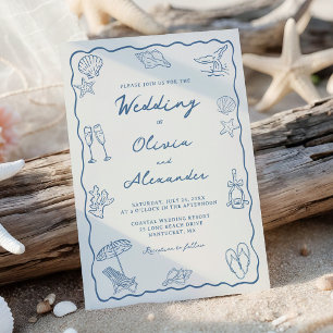 Whimsical handgetekende kuststrand bruiloft kaart