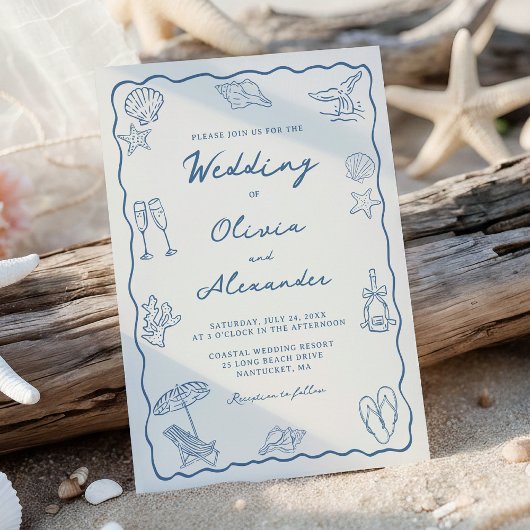 Whimsical handgetekende kuststrand bruiloft kaart