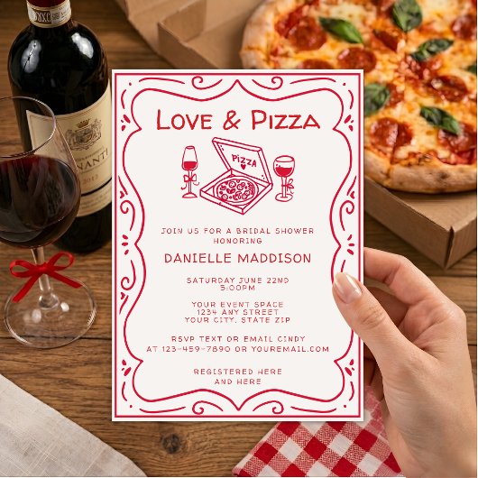 Whimsical handgetekende Love & Pizza Bruiloftsfees Kaart