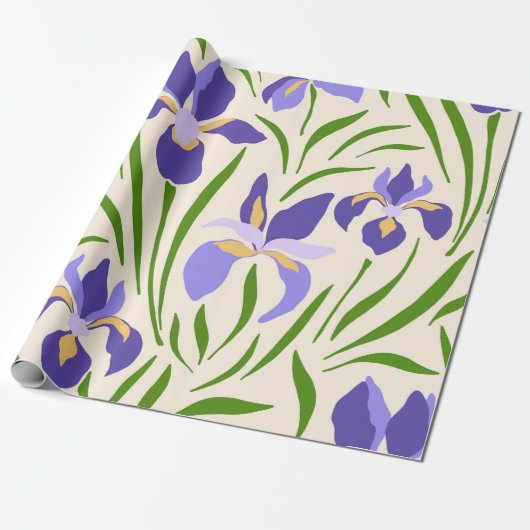 Whimsical Handgetekende Paarse Iris Botanisch Cadeaupapier (Uitgerold)