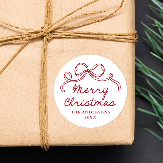 Whimsical Handgetekende Rode Strik Vrolijk Kerstfe Ronde Sticker