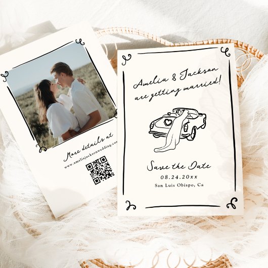 Whimsical handgetekende Save the Date foto QR-code Kaart