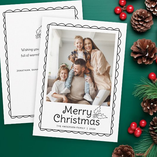 Whimsical Handgetekende Scallop Frame Foto Kerstmi Feestdagenkaart