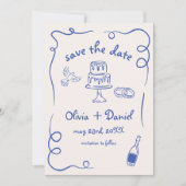 Whimsical Handgetekende Trouw Navyblauw Save The Date (Voorkant)