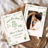 Whimsical Handgetekende Trouwfoto Groen Save The Date