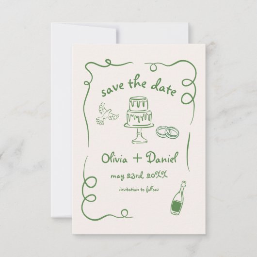 Whimsical Handgetekende Trouwfoto Groen Save The Date (Voorkant)