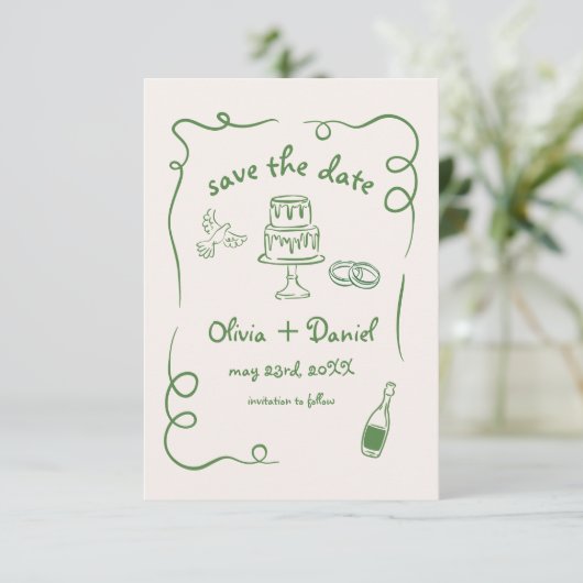 Whimsical Handgetekende Trouwfoto Groen Save The Date (Staand voorkant)