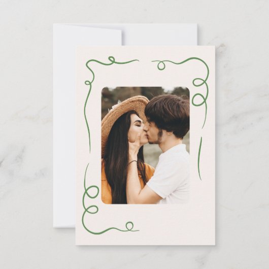 Whimsical Handgetekende Trouwfoto Groen Save The Date (Achterkant)
