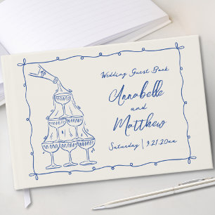 Whimsical Handgetekende Vintage Blauwe Huwelijk Gastenboek