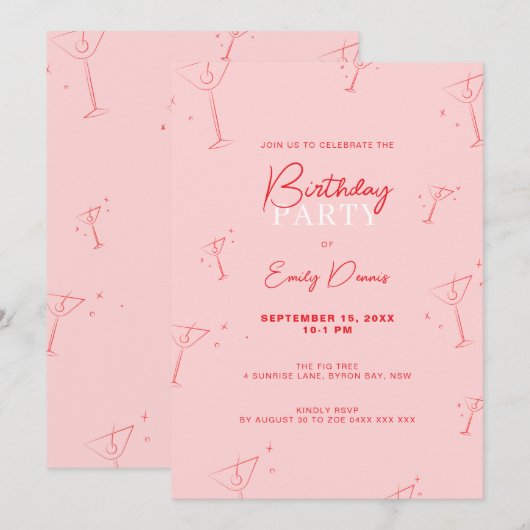 Whimsical Handgetrokken martini Verjaardagsfeest Kaart (Voorkant / Achterkant)