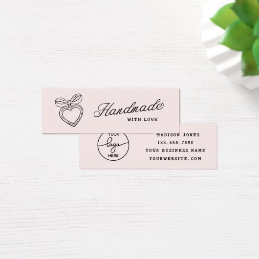 Whimsical Handmade with Love Script Heart Bow Logo Mini Visitekaartjes (Bureau)