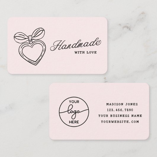 Whimsical Handmade with Love Script Heart Bow Logo Visitekaartje (Voorkant / Achterkant)