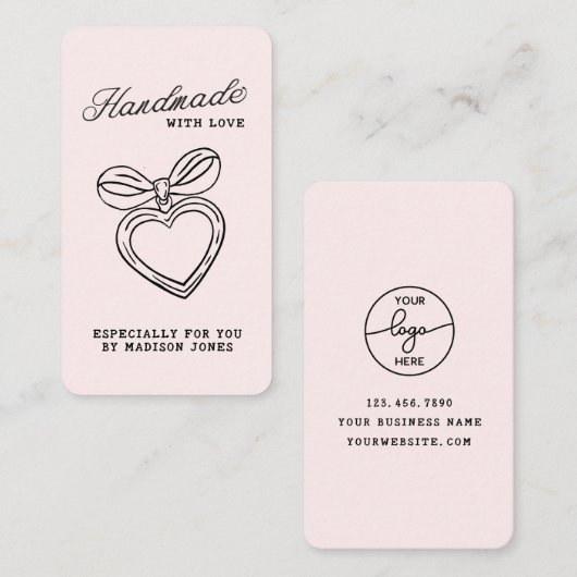 Whimsical Handmade with Love Script Heart Bow Visitekaartje (Voorkant / Achterkant)