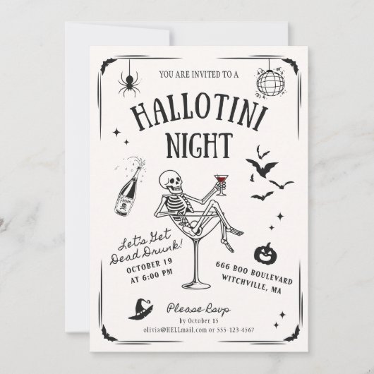 Whimsical Handwritten Skeleton Martini Halloween  Kaart (Voorkant)