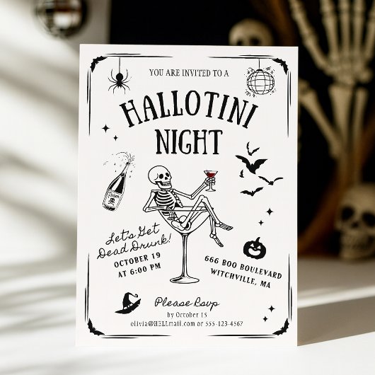 Whimsical Handwritten Skeleton Martini Halloween Kaart