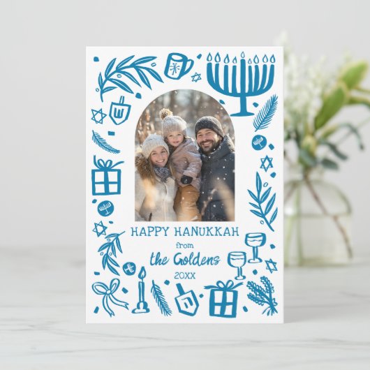 Whimsical Hanukkah Cute Custom Arch 3 PHOTO  Feestdagenkaart (Staand voorkant)