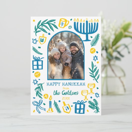 Whimsical Hanukkah Cute Custom Arch PHOTO Feestdagenkaart (Staand voorkant)