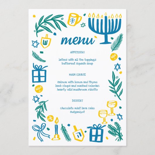 Whimsical Hanukkah Feestje Mooie Aangepaste Diner Menu (Voorkant)