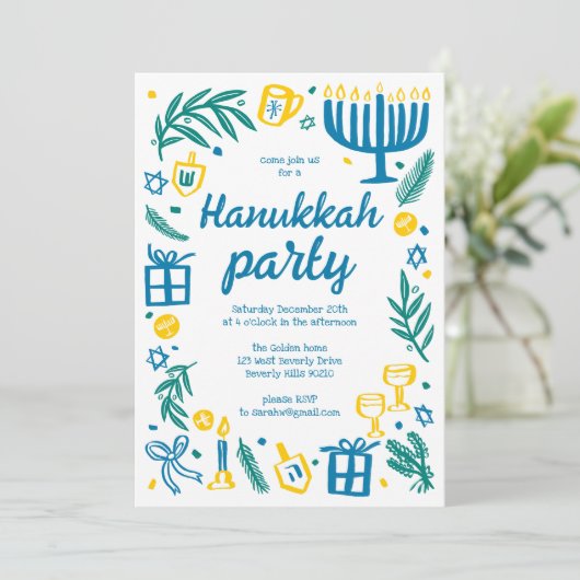 Whimsical Hanukkah Holiday Party Schattigee Aangep Kaart (Staand voorkant)