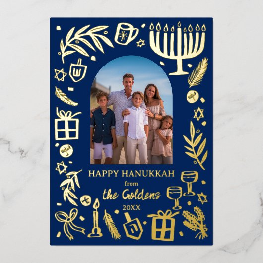 Whimsical HANUKKAH Schattigee Custom Photo GOLD Folie Feestdagenkaart (Voorkant)