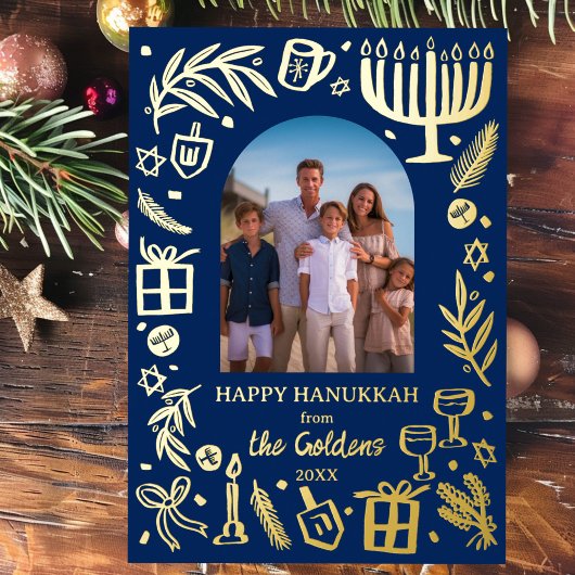 Whimsical HANUKKAH Schattigee Custom Photo GOLD Folie Feestdagenkaart