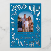 Whimsical HANUKKAH Schattigee Custom Photo SILVER Folie Feestdagenkaart (Voorkant)