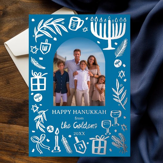 Whimsical HANUKKAH Schattigee Custom Photo SILVER Folie Feestdagenkaart