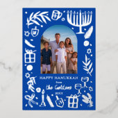 Whimsical HANUKKAH Schattigee Custom Photo SILVER Folie Feestdagenkaart (Voorkant)