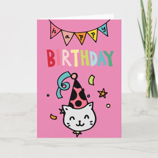 Whimsical Happy Birthday Cat Card Kaart (Voorkant)