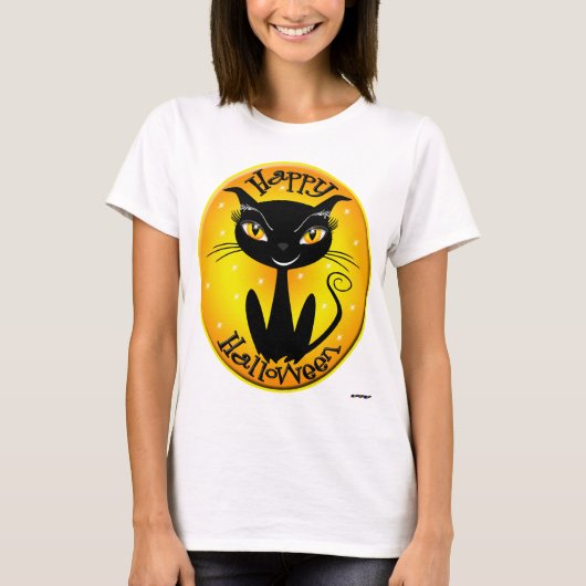 Whimsical Happy Halloween Cat met sterren T-shirt (Voorkant)