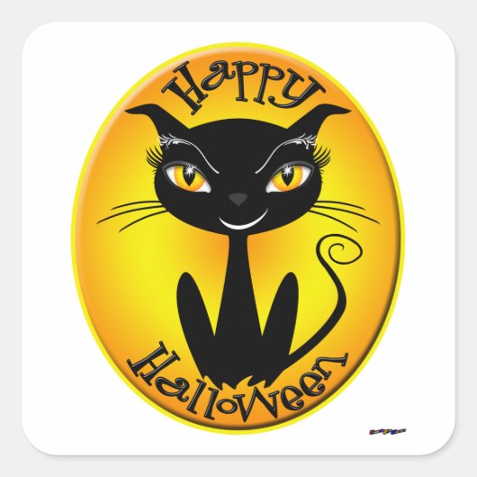 Whimsical Happy Halloween Cat Vierkante Sticker (Voorkant)