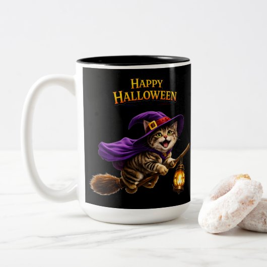 Whimsical happy Halloween two Tweekleurige Koffiemok (Met donut)