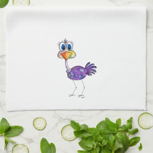 Whimsical Happy Paars Ostrich Theedoek (Gevouwen)