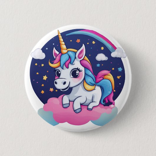 Whimsical Happy Unicorn on Pink Cloud Button (Voorkant)
