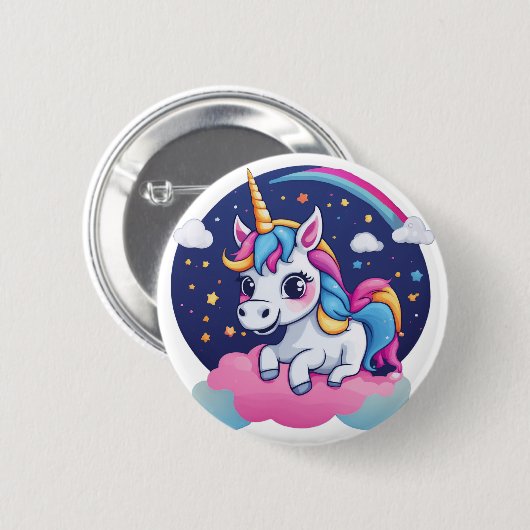 Whimsical Happy Unicorn on Pink Cloud Button (Voorkant /achterkant)