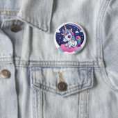 Whimsical Happy Unicorn on Pink Cloud Button (In situ)