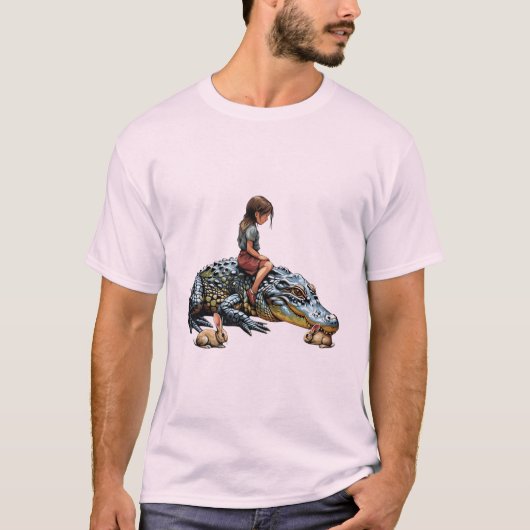 Whimsical Harmony: Meisje Rijden op een Alligator T-shirt (Voorkant)