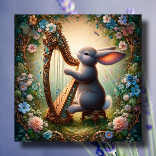 Whimsical Harp Bunny Art Nouveau Pasen Kaart