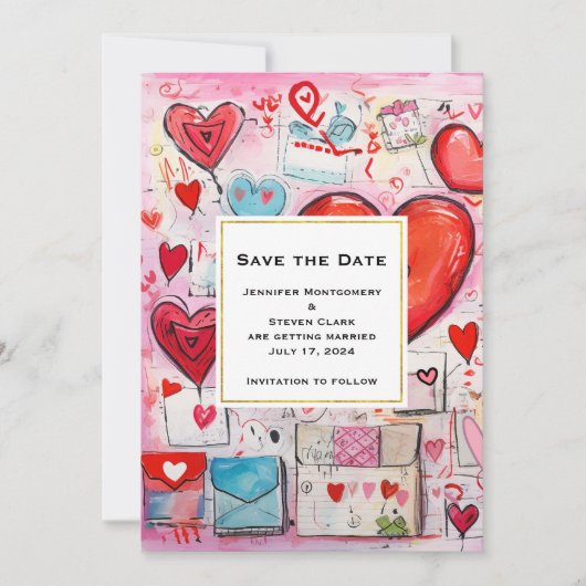 Whimsical Harten en Liefde Letters Patroon Bruilof Save The Date (Voorkant)