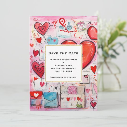 Whimsical Harten en Liefde Letters Patroon Bruilof Save The Date (Staand voorkant)