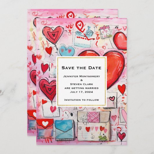 Whimsical Harten en Liefde Letters Patroon Bruilof Save The Date (Voorkant / Achterkant)