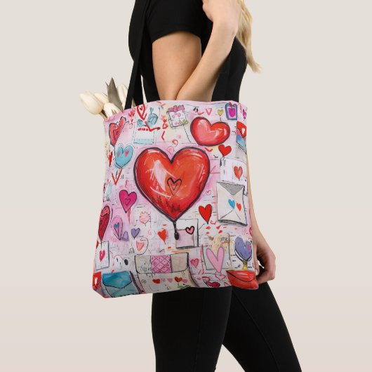 Whimsical Harten en Liefde Letters Patroon Tote Bag (Dichtbij)