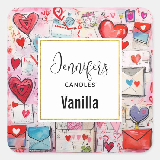 Whimsical Harten en Liefdesbrieven Kaarszaken Vierkante Sticker (Voorkant)