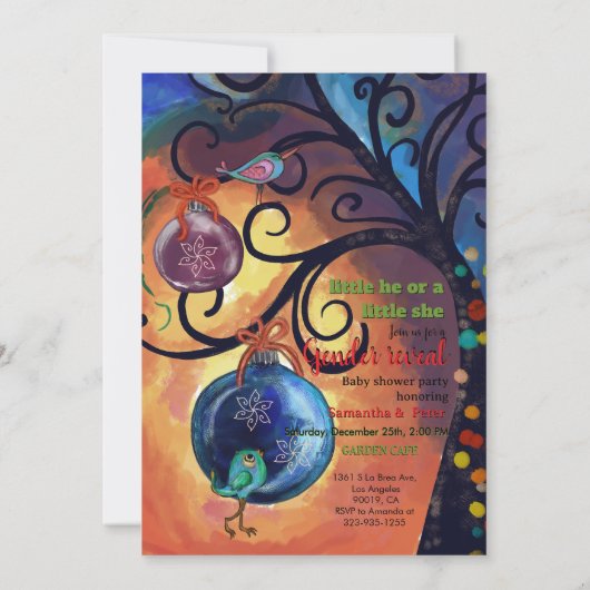 Whimsical He or She Elf & Bird Gender Invitation Kaart (Achterkant)