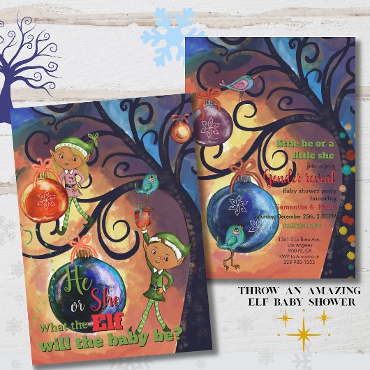 Whimsical He or She Elf & Bird Gender Invitation Kaart
