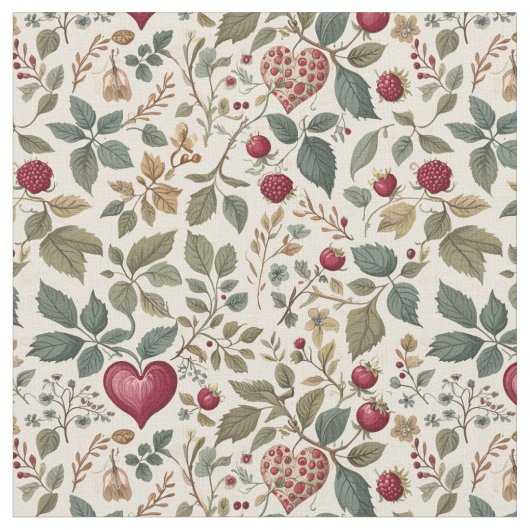 "Whimsical Heart and Berry Pattern" Stof (Close Up)