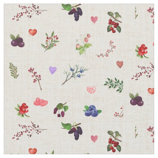 "Whimsical Heart and Berry Pattern" Stof (Close Up)