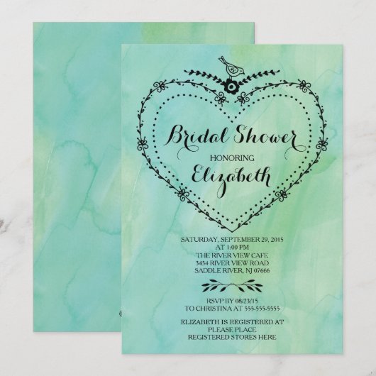 Whimsical Heart Green Waterverf Vrijgezellenfeest Kaart (Voorkant / Achterkant)