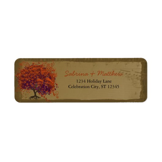 Whimsical Heart Leafed Tree Oranje & Plum on Gold Etiket (Voorkant)